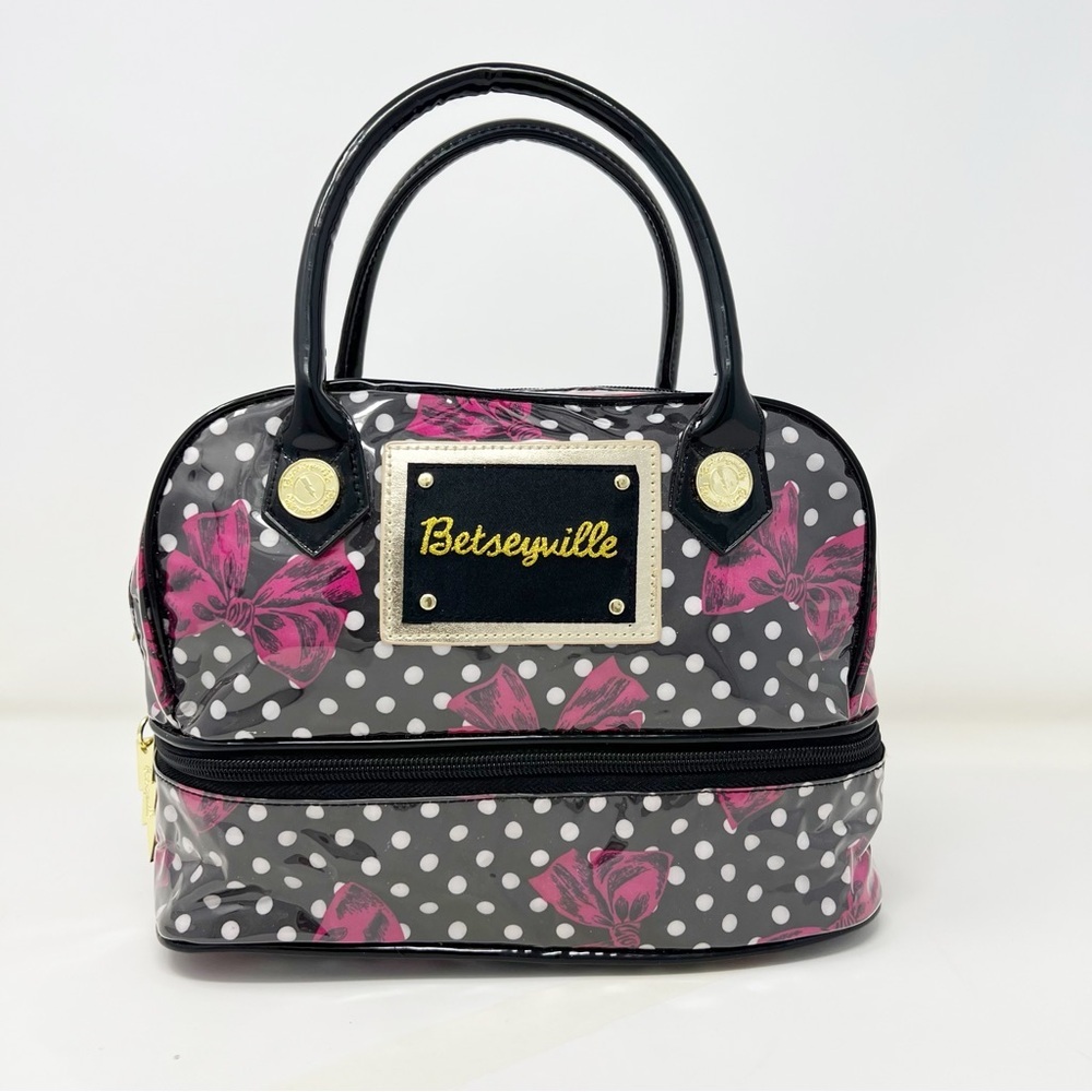 Betsey Johnson Gray and Pink Polka Dot Cosmetic Bag - Picture 10 of 12